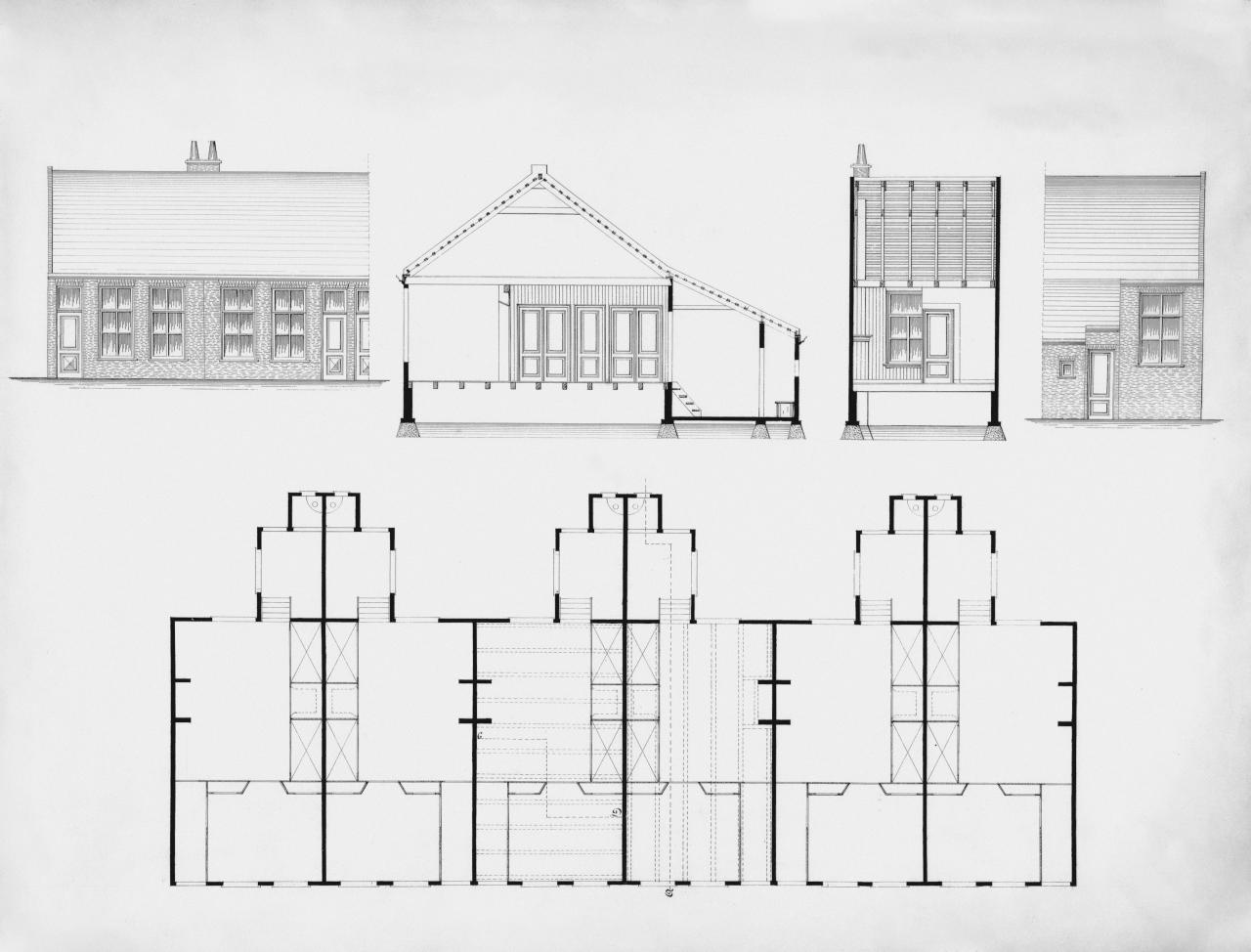 Architectural drawings of a building with elevations and floor plan.