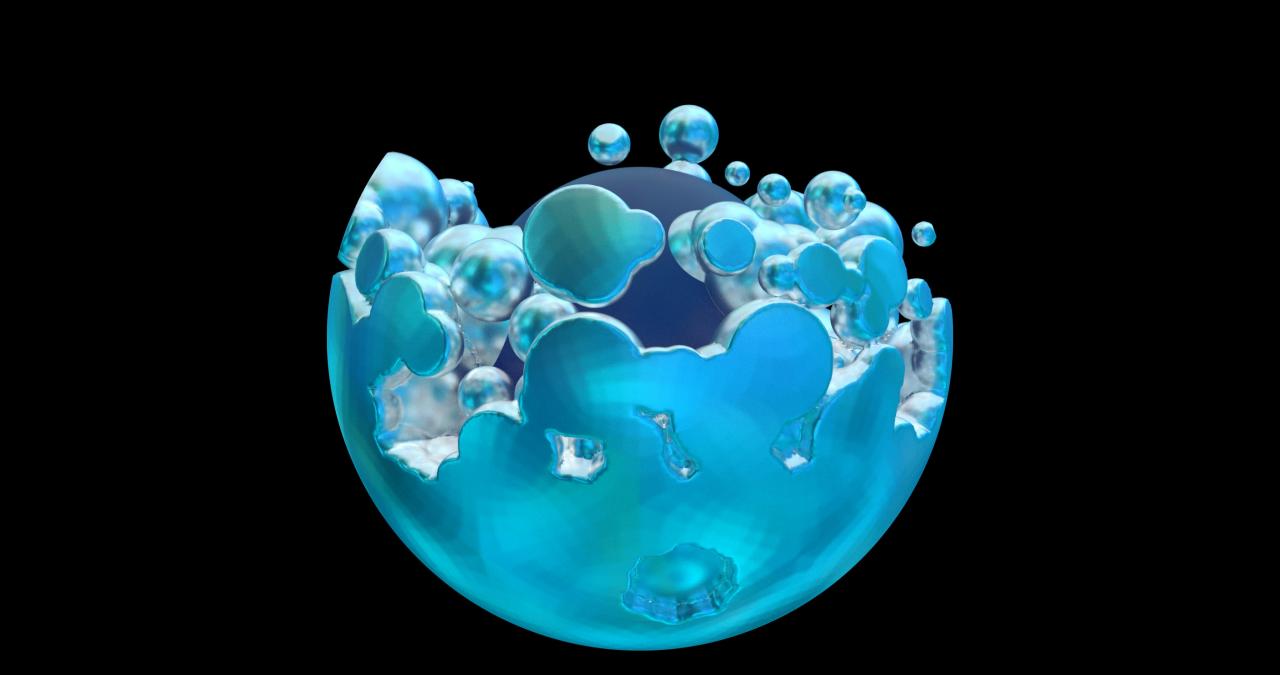 A blue glass with bubbles in it on a black background